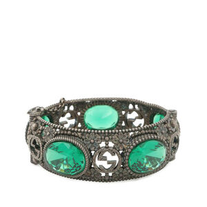 Pre-Loved Gucci Sterling Silver and Stone Interlocking G Flower Hinged Bangle